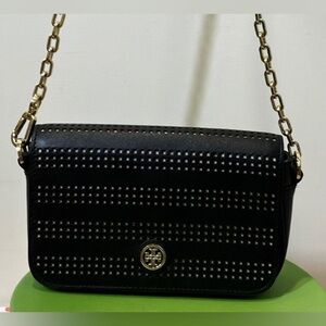 Tory Burch Robinson saffiano leather perforated crossbody bag in black color